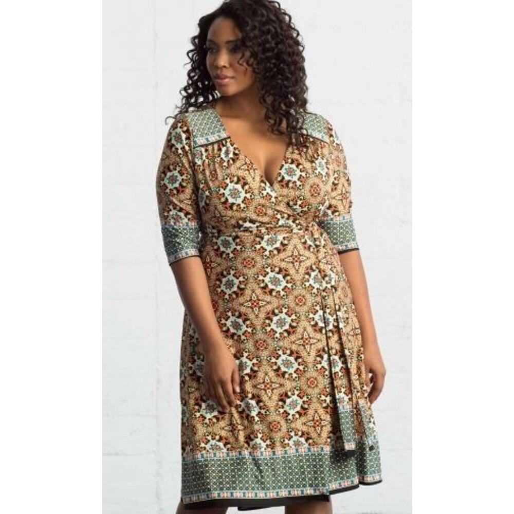 Kiyonna Wrap Dress Beguiling Border 3X Boho Colorful Feminine Versatile Stretch